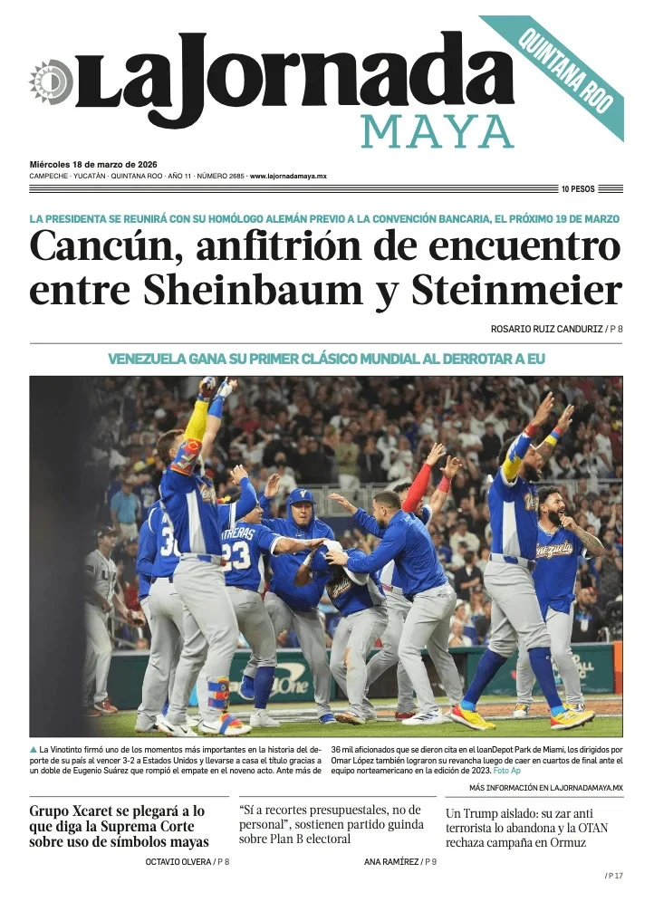 Portada de La Jornada Maya Quintana Roo del miércoles, 18 de marzo de 2026