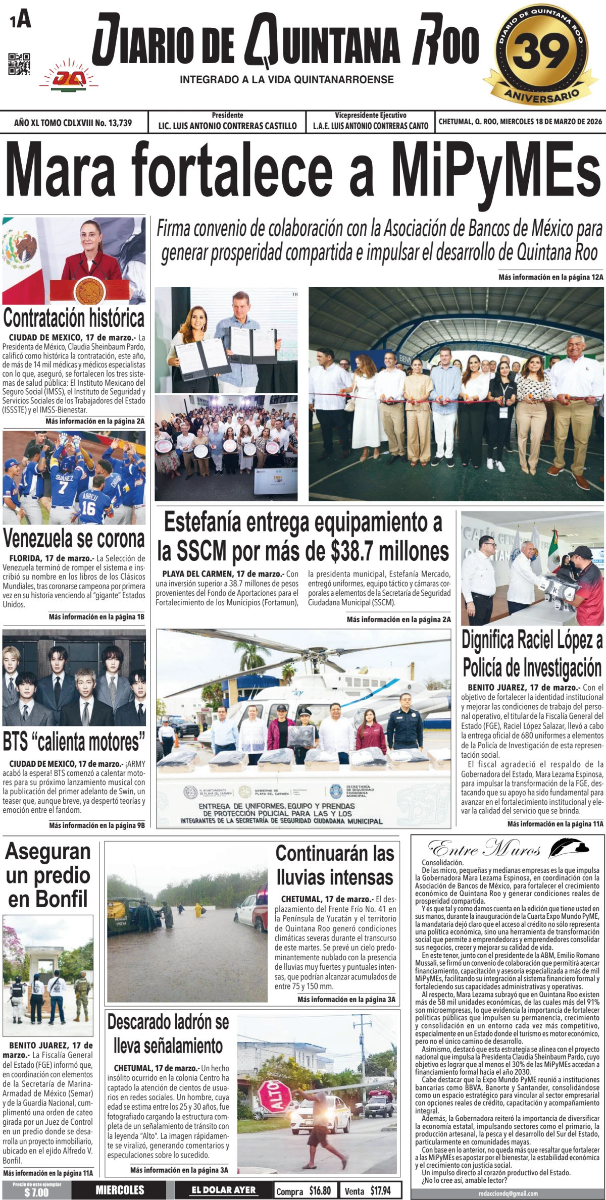 Portada de Diario de Quintana Roo (portada) del miércoles, 18 de marzo de 2026