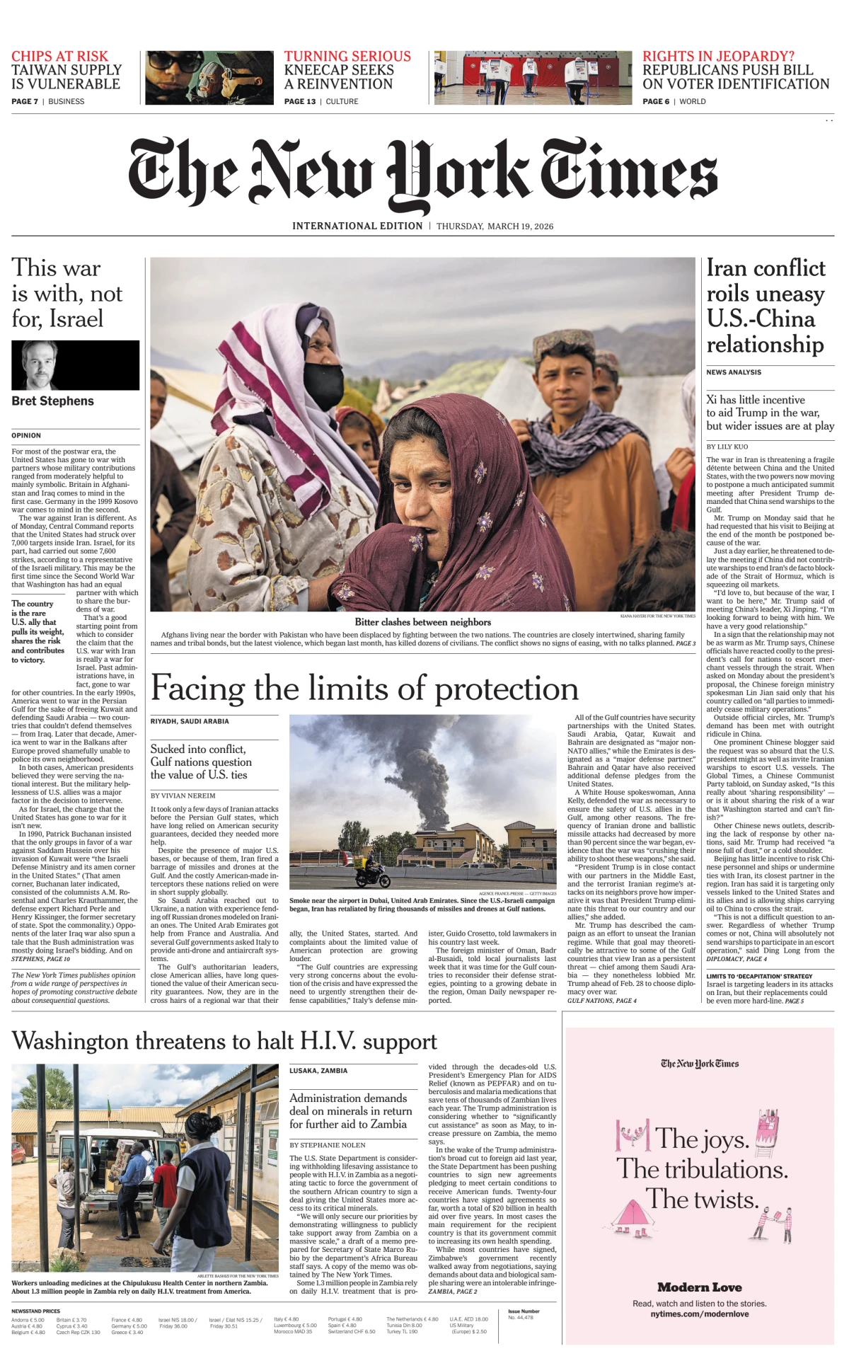 Portada de The New York Times (international) del jueves, 19 de marzo de 2026