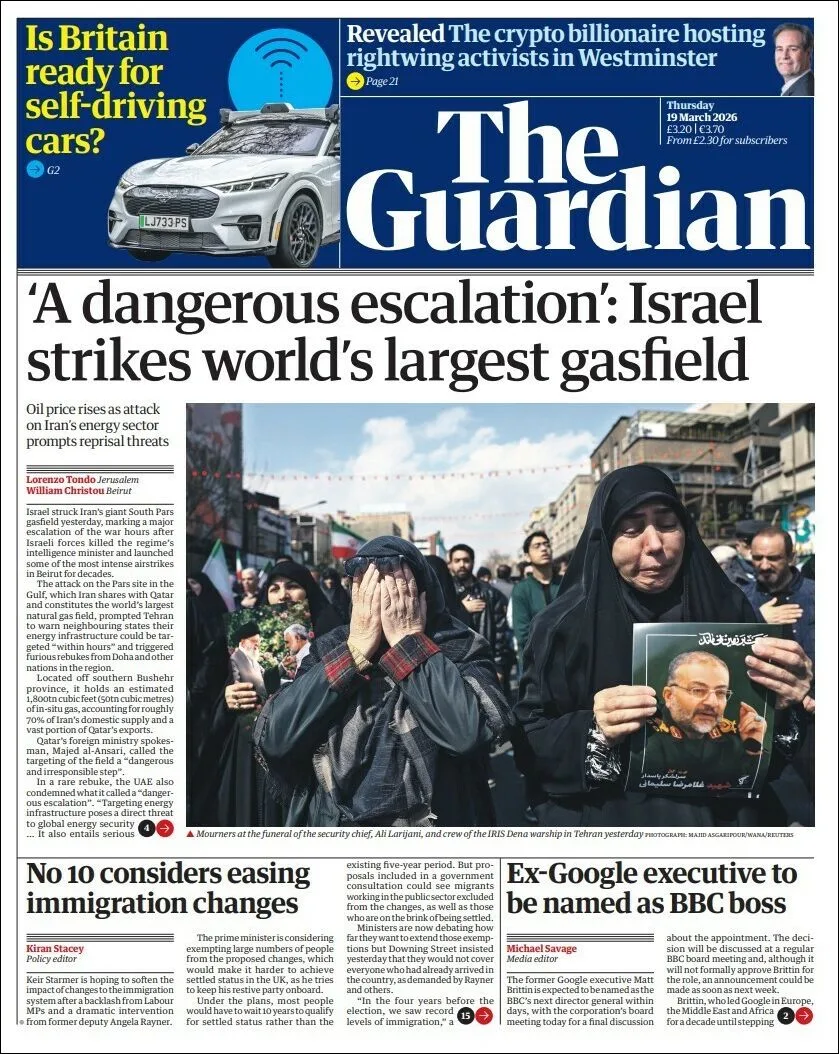 Portada de The Guardian (reino Unido) del jueves, 19 de marzo de 2026
