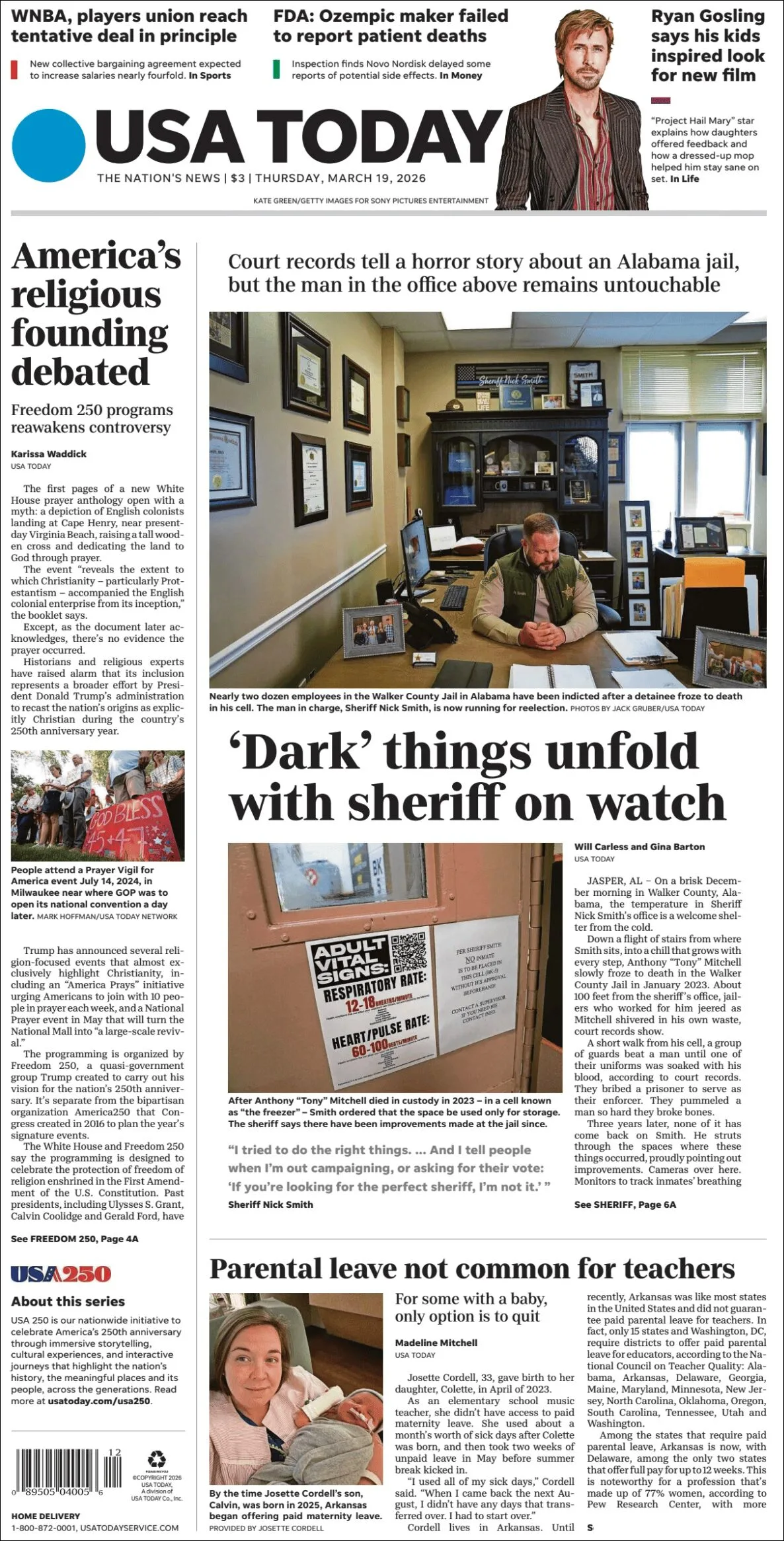 Portada de Usa Today del jueves, 19 de marzo de 2026