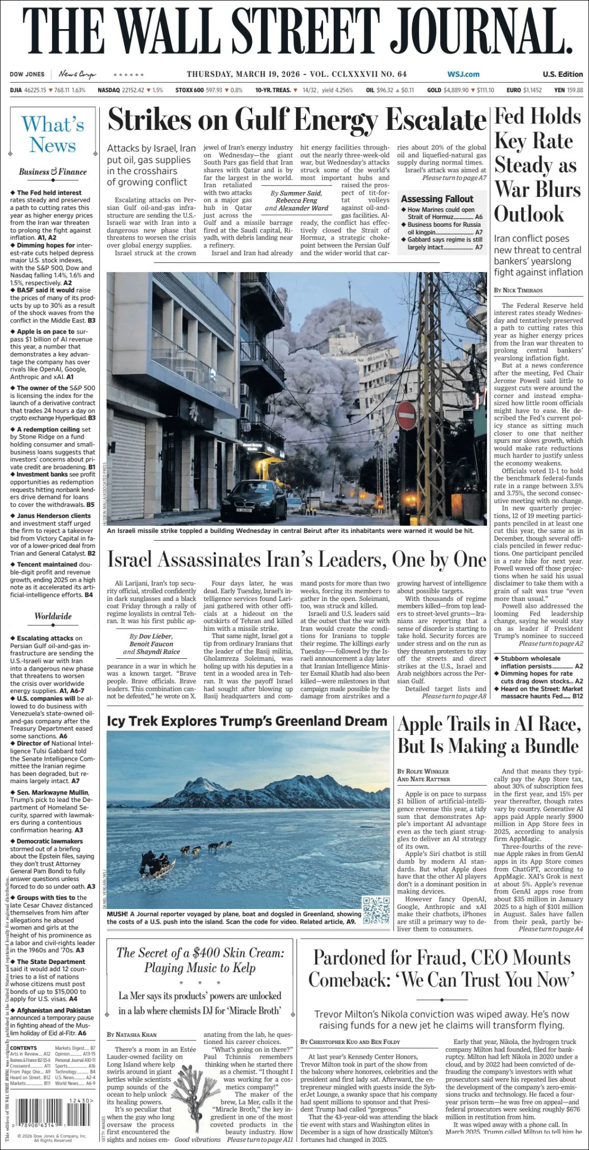 Portada de The Wall Street Journal del jueves, 19 de marzo de 2026