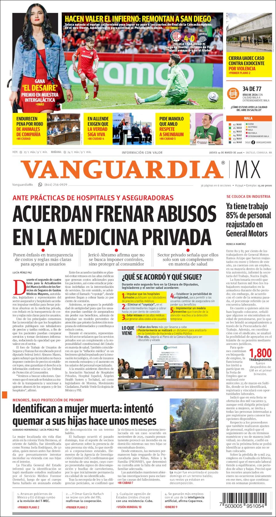 Portada de Vanguardia del jueves, 19 de marzo de 2026