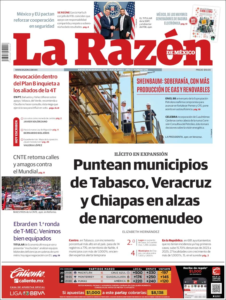 Portada de La Razon del jueves, 19 de marzo de 2026