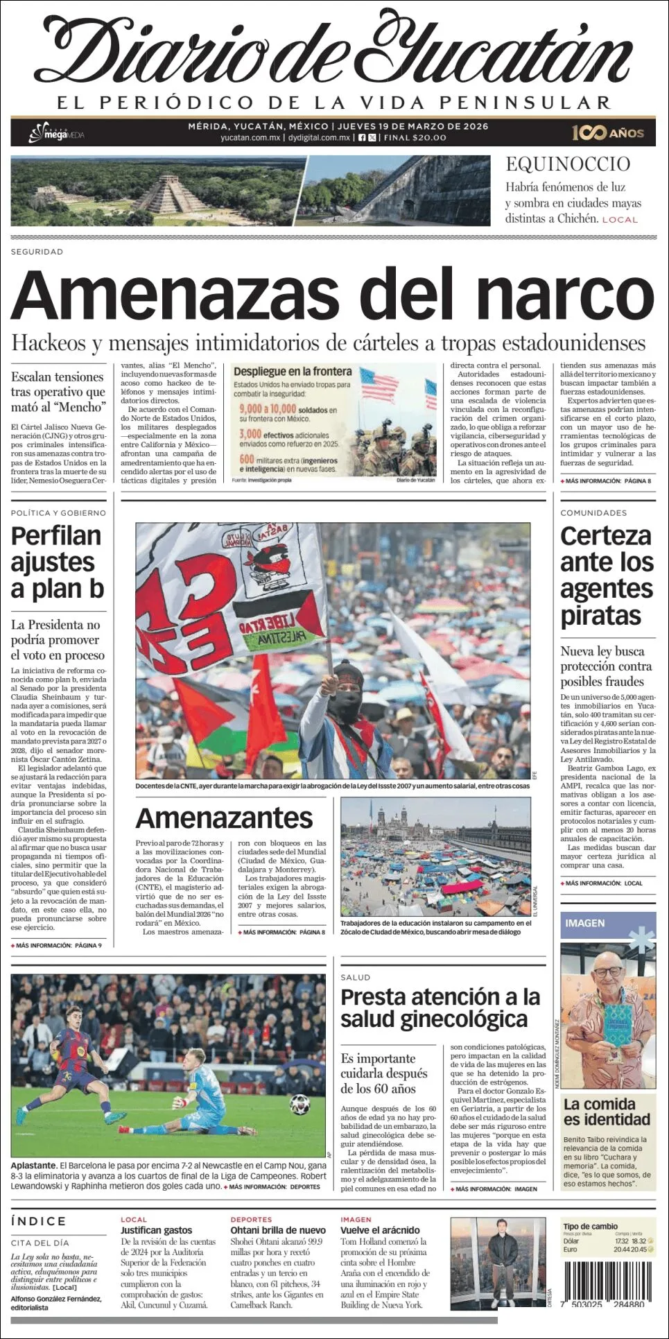 Portada de Diario de Yucatán del jueves, 19 de marzo de 2026