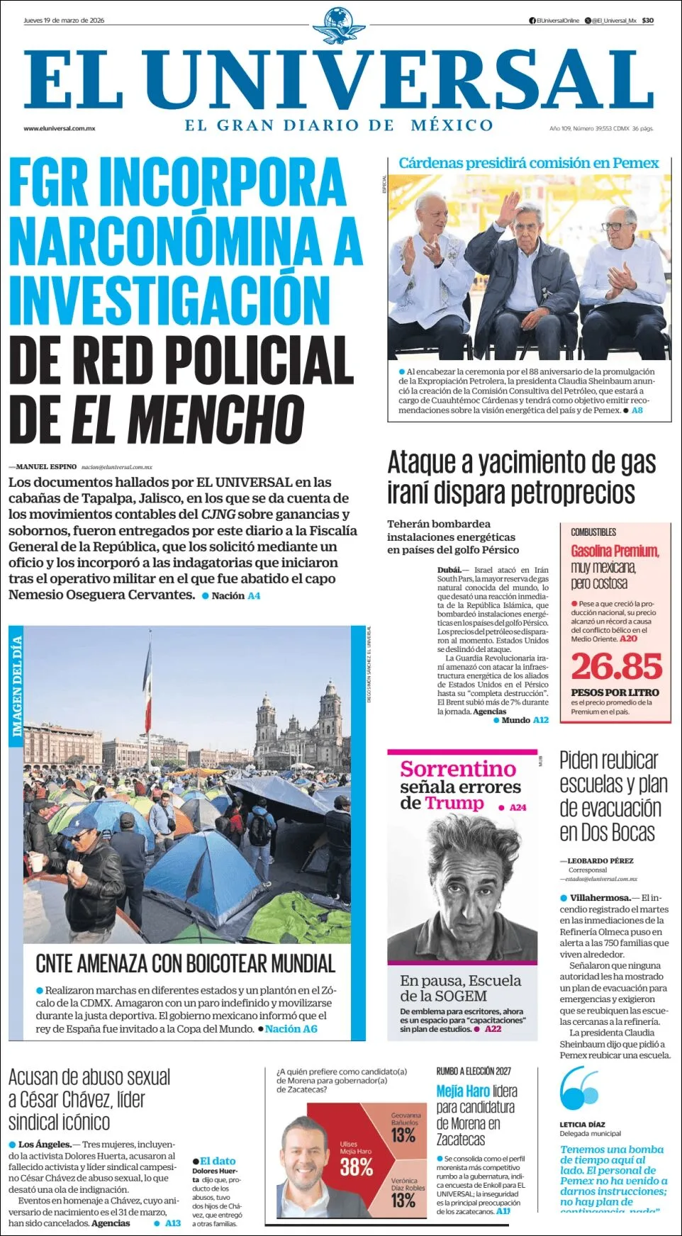 Portada de El Universal del jueves, 19 de marzo de 2026