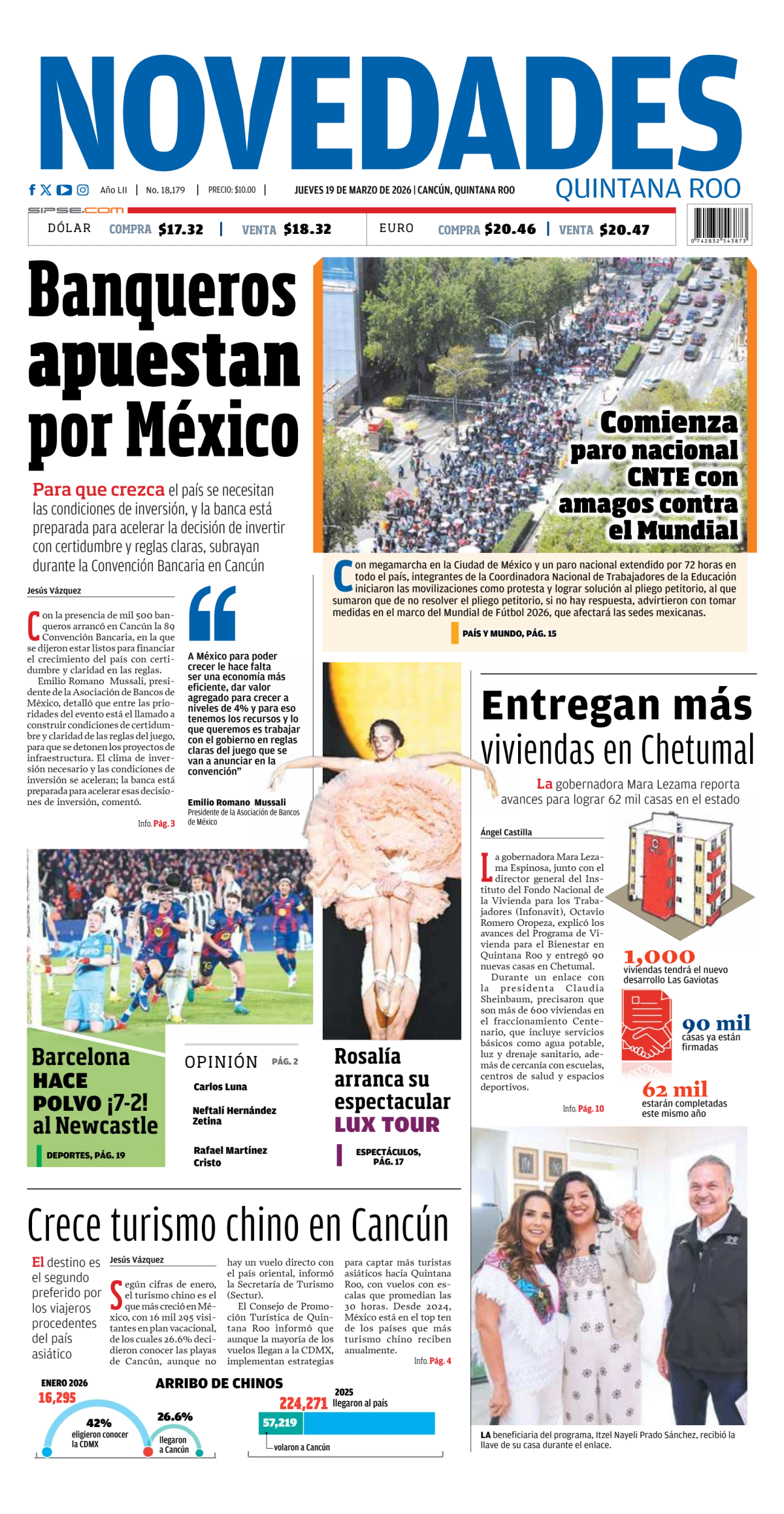 Portada de Novedades Quintana Roo del jueves, 19 de marzo de 2026