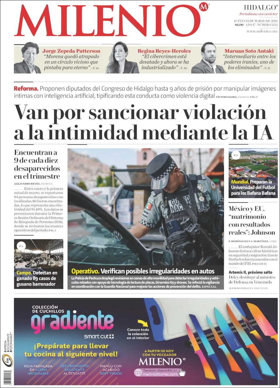 Portada de Milenio Hidalgo del jueves, 19 de marzo de 2026
