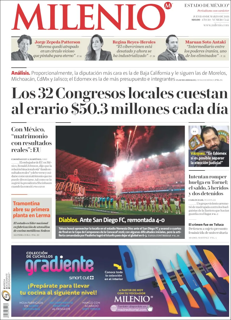Portada de Milenio Edo de Mexico del jueves, 19 de marzo de 2026
