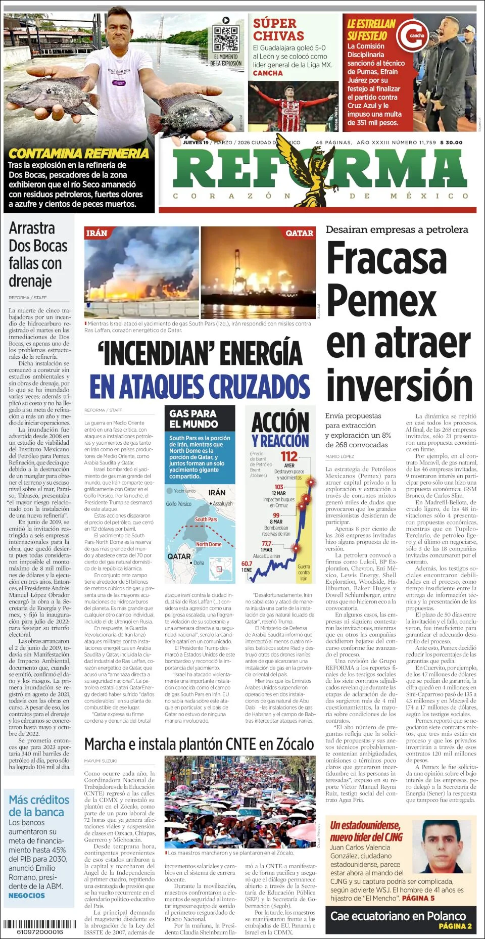 Portada de Reforma del jueves, 19 de marzo de 2026