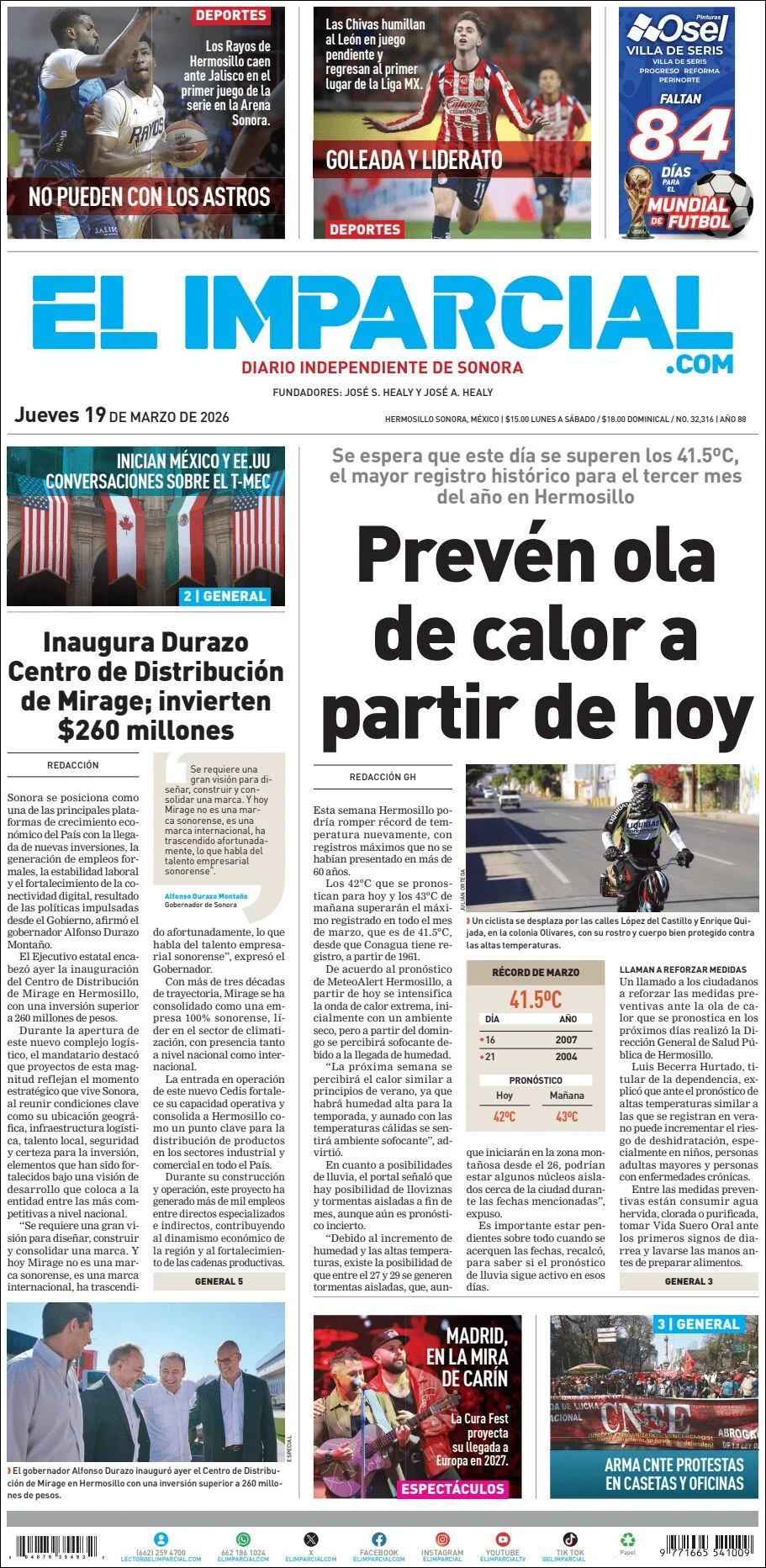 Portada de El Imparcial del jueves, 19 de marzo de 2026