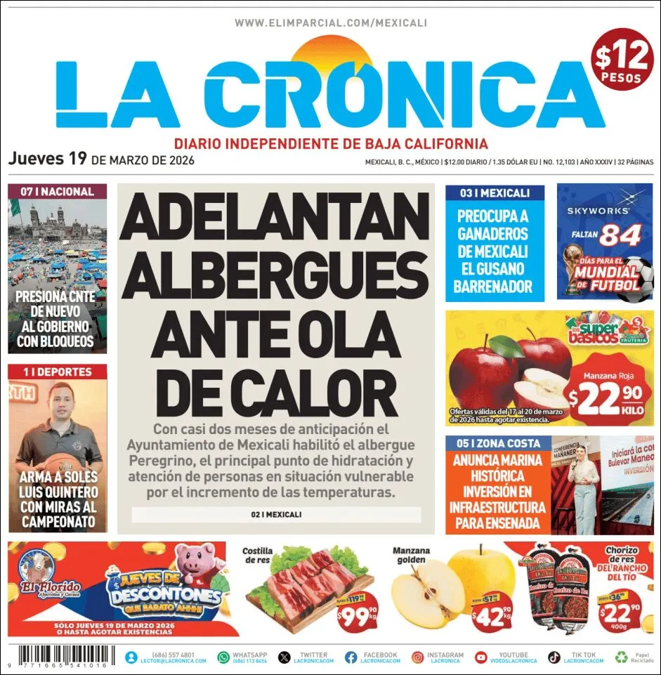 Portada de La Cronica del jueves, 19 de marzo de 2026