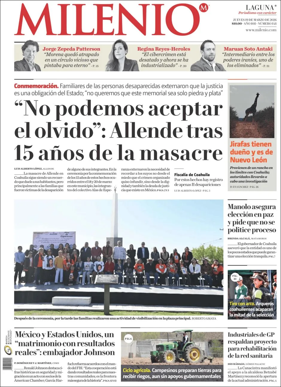 Portada de Milenio Laguna del jueves, 19 de marzo de 2026