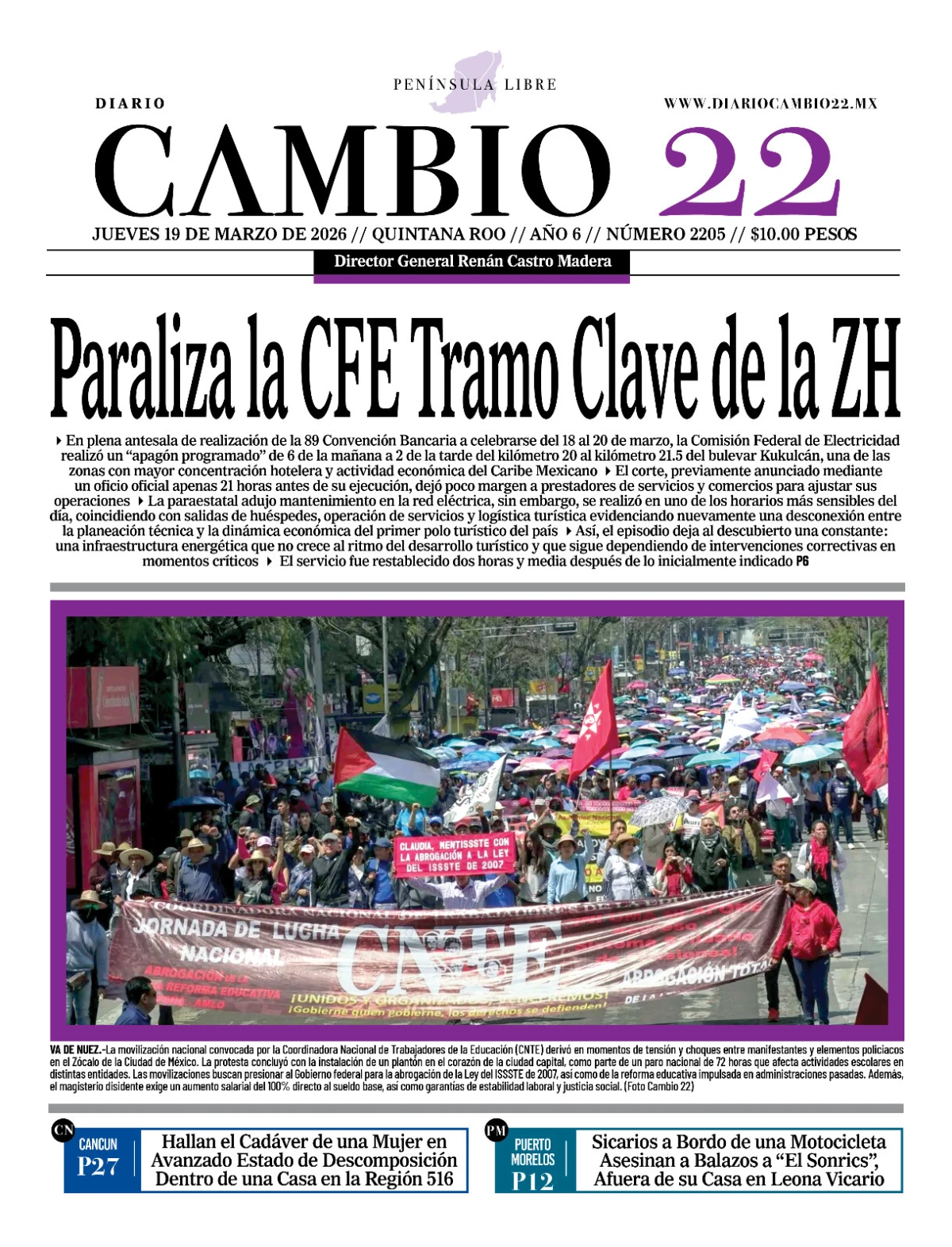 Portada de Diario Cambio 22 (contraportada) del jueves, 19 de marzo de 2026