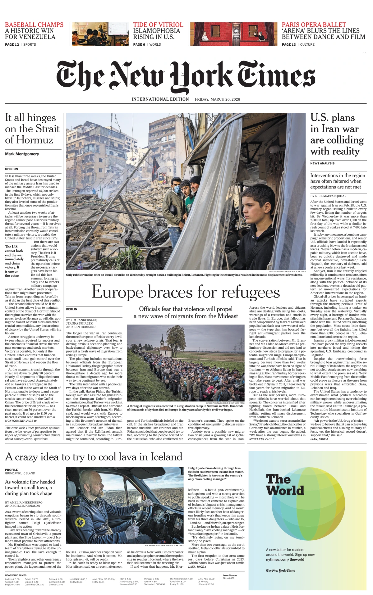 Portada de The New York Times (international) del viernes, 20 de marzo de 2026