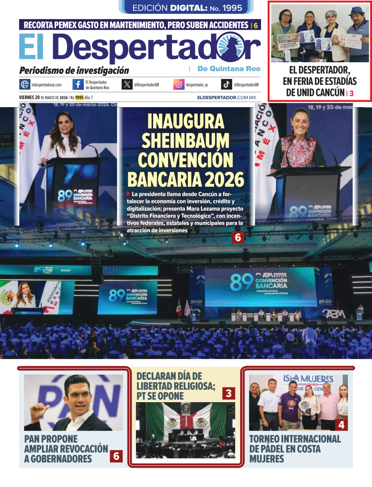 Portada de El Despertador de Quintana Roo del viernes, 20 de marzo de 2026