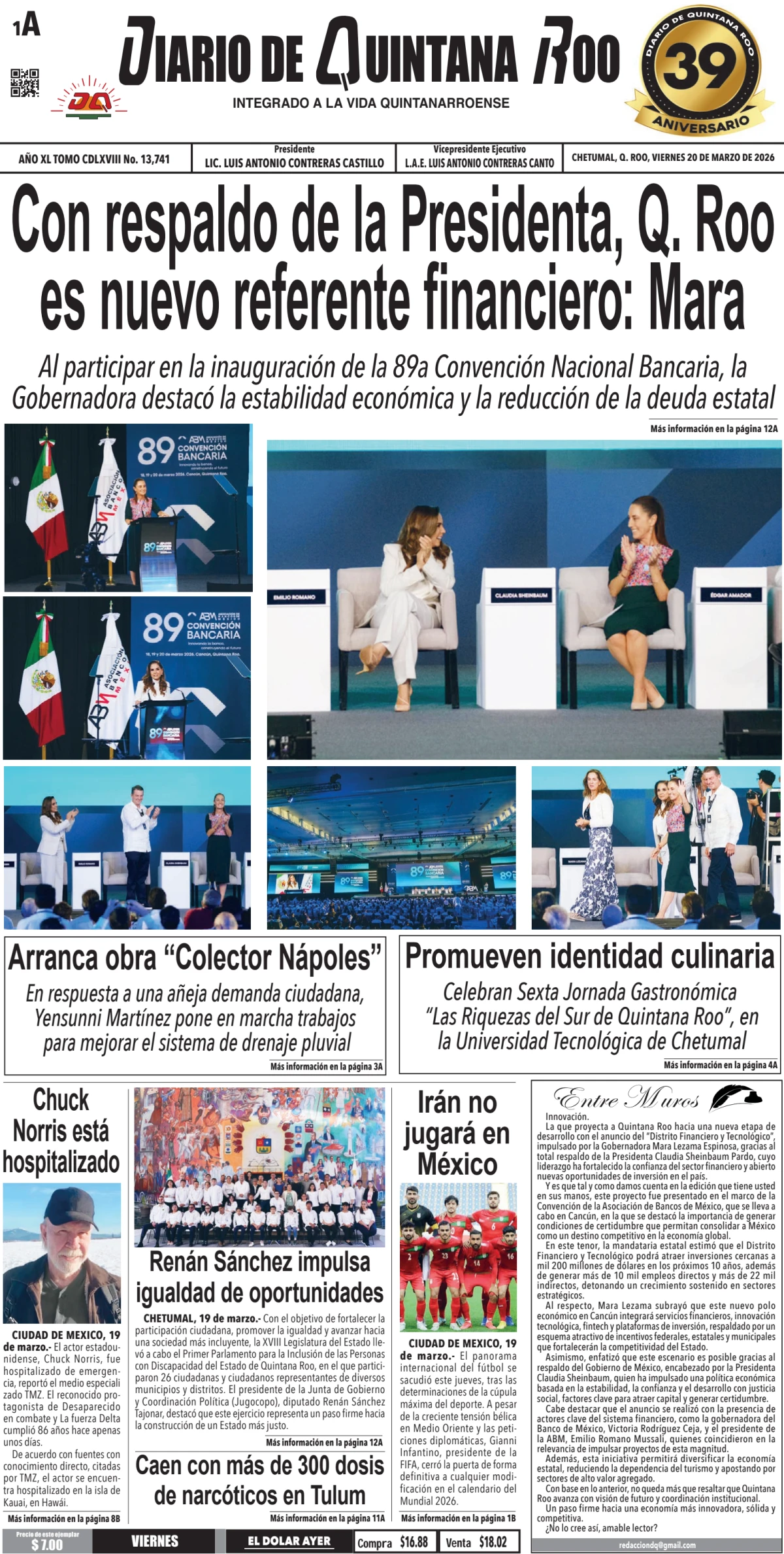 Portada de Diario de Quintana Roo (portada) del viernes, 20 de marzo de 2026