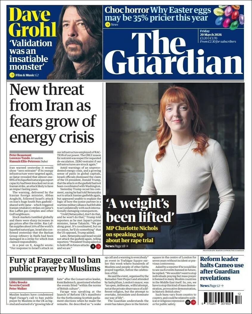 Portada de The Guardian (reino Unido) del viernes, 20 de marzo de 2026