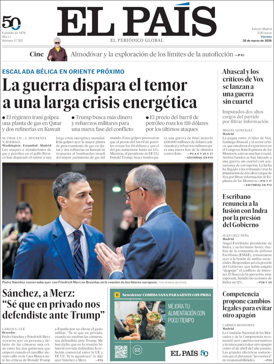 Portada de El Pais del viernes, 20 de marzo de 2026