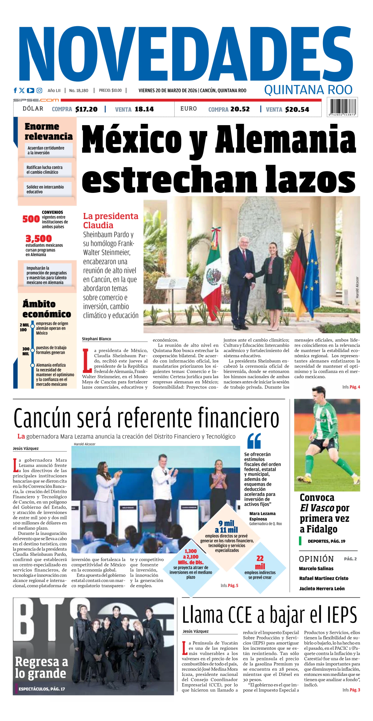 Portada de Novedades Quintana Roo del viernes, 20 de marzo de 2026