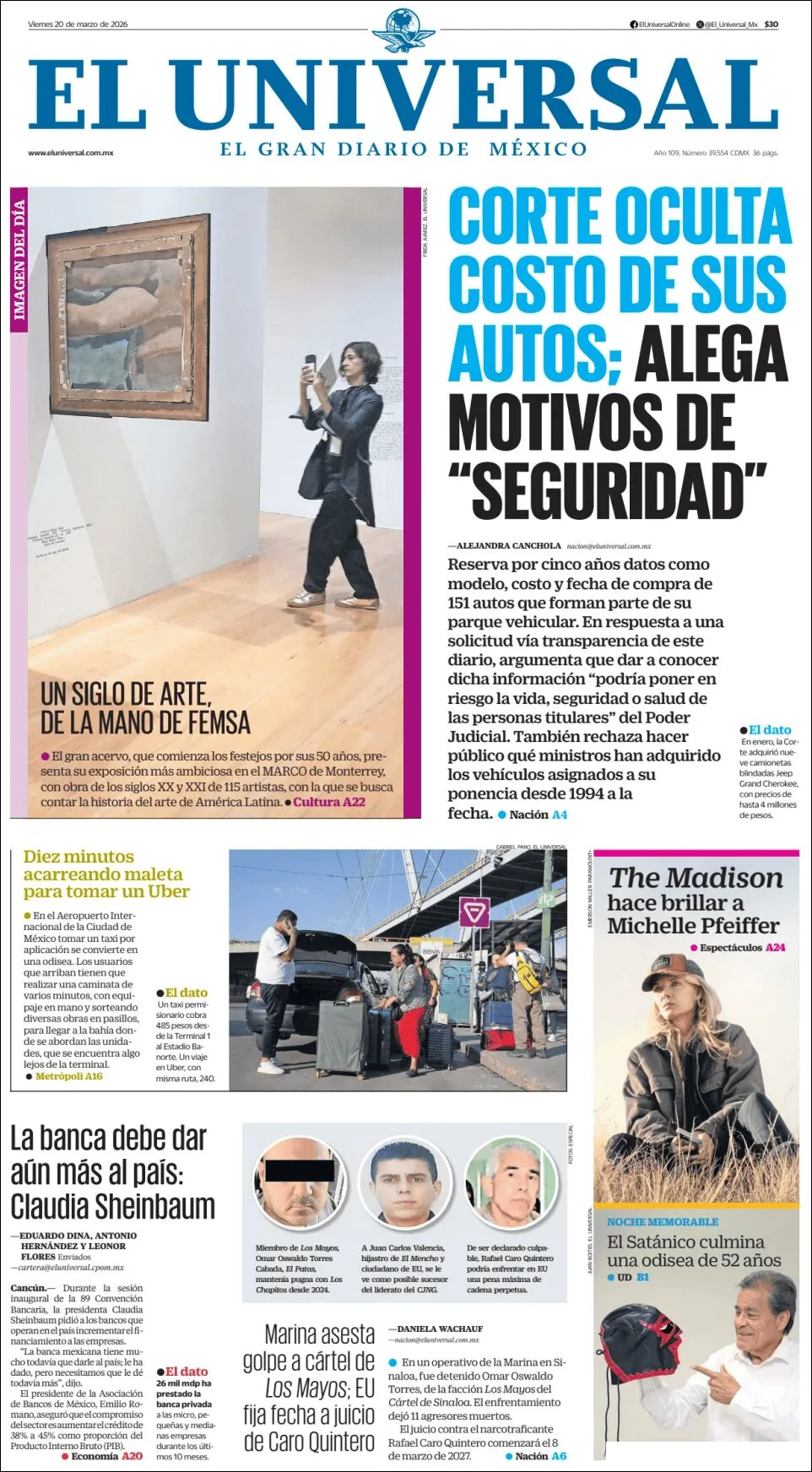 Portada de El Universal del viernes, 20 de marzo de 2026