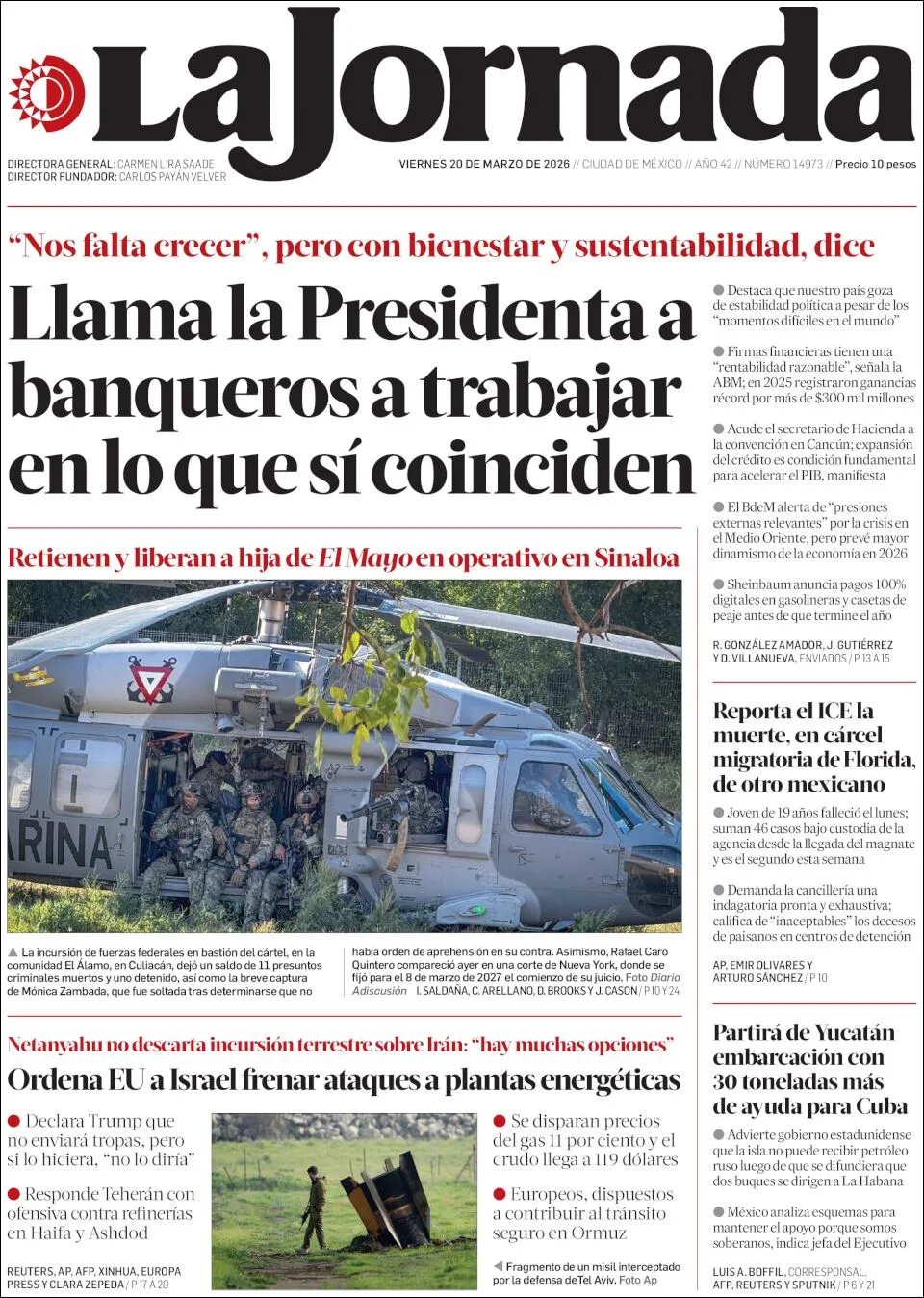 Portada de La Jornada del viernes, 20 de marzo de 2026