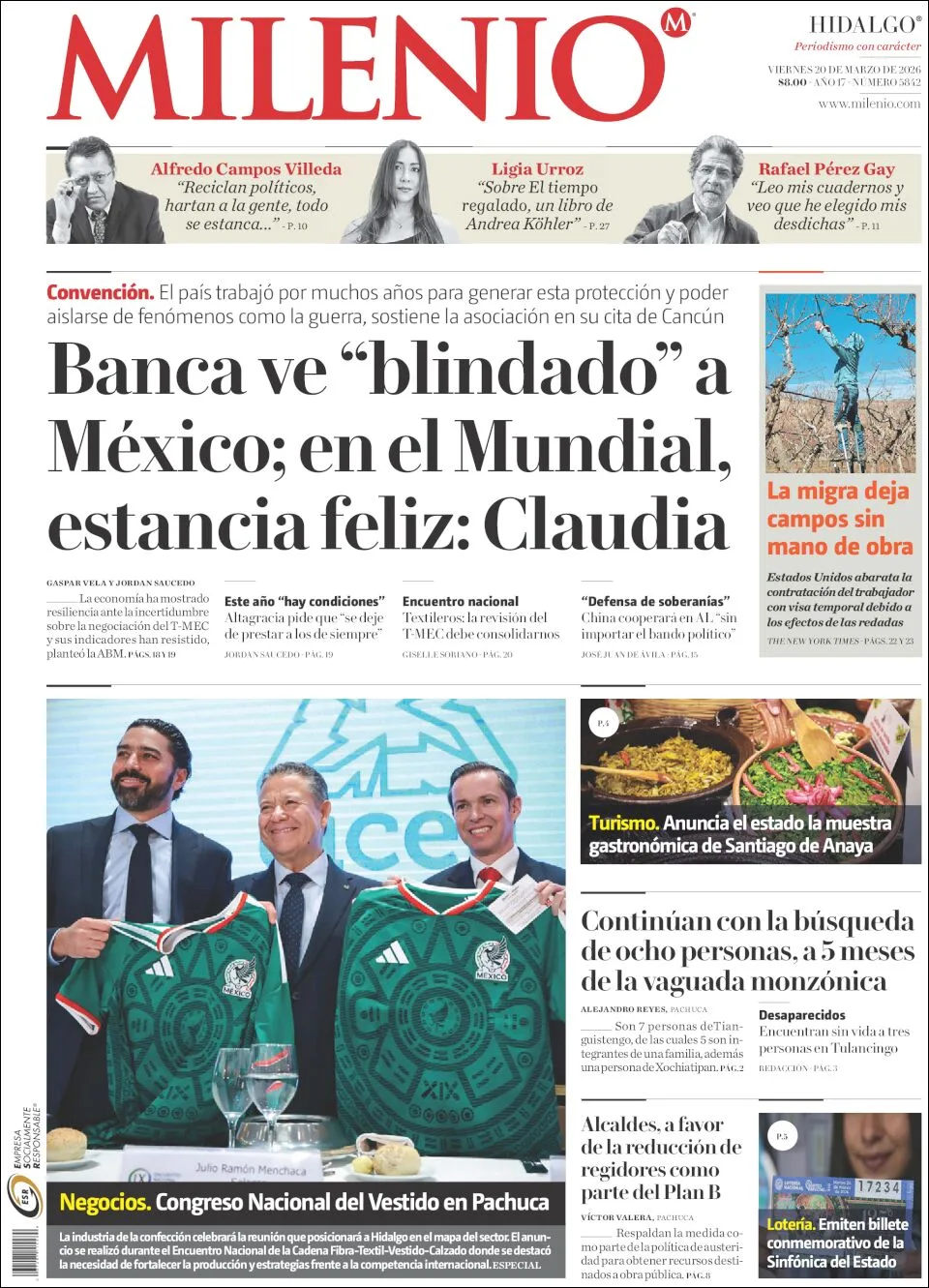 Portada de Milenio Hidalgo del viernes, 20 de marzo de 2026
