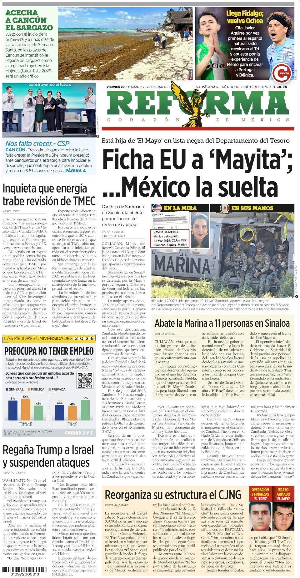 Portada de Reforma del viernes, 20 de marzo de 2026