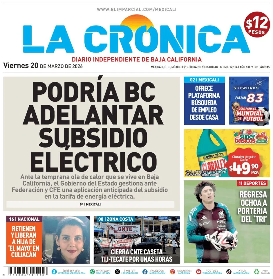 Portada de La Cronica del viernes, 20 de marzo de 2026