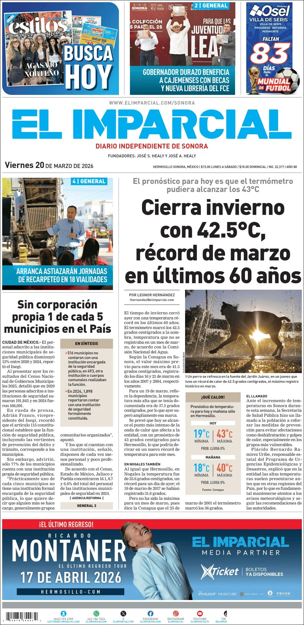 Portada de El Imparcial del viernes, 20 de marzo de 2026