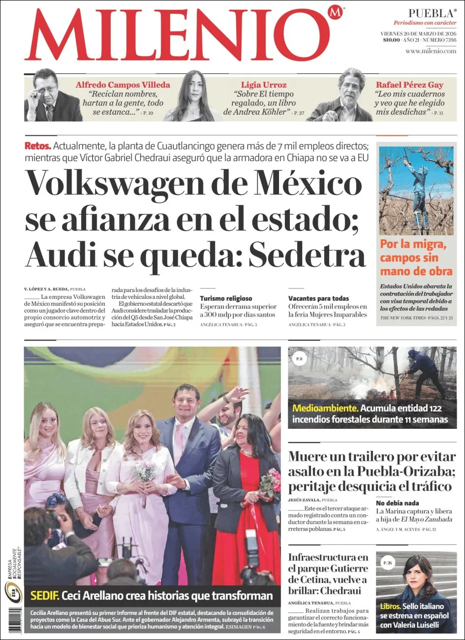 Portada de Milenio Puebla del viernes, 20 de marzo de 2026
