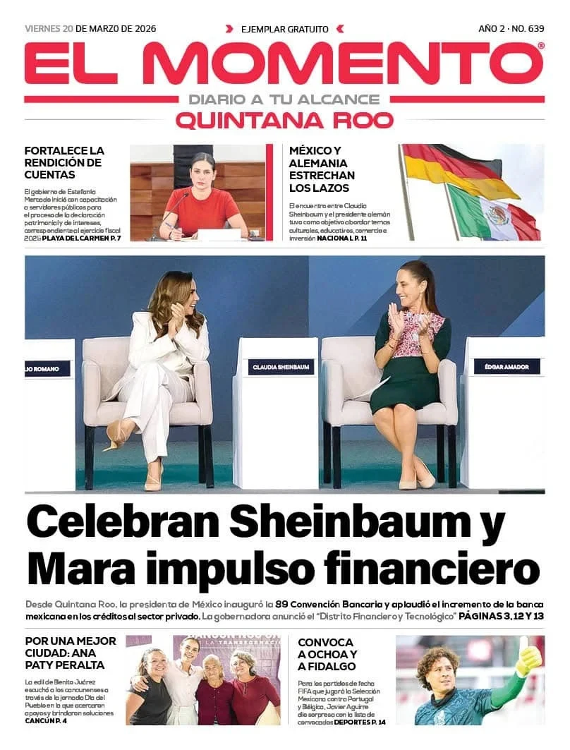 Portada de El Momento Quintana Roo del viernes, 20 de marzo de 2026