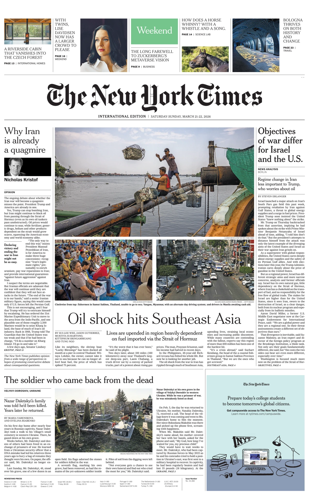 Portada de The New York Times (international) del sábado, 21 de marzo de 2026