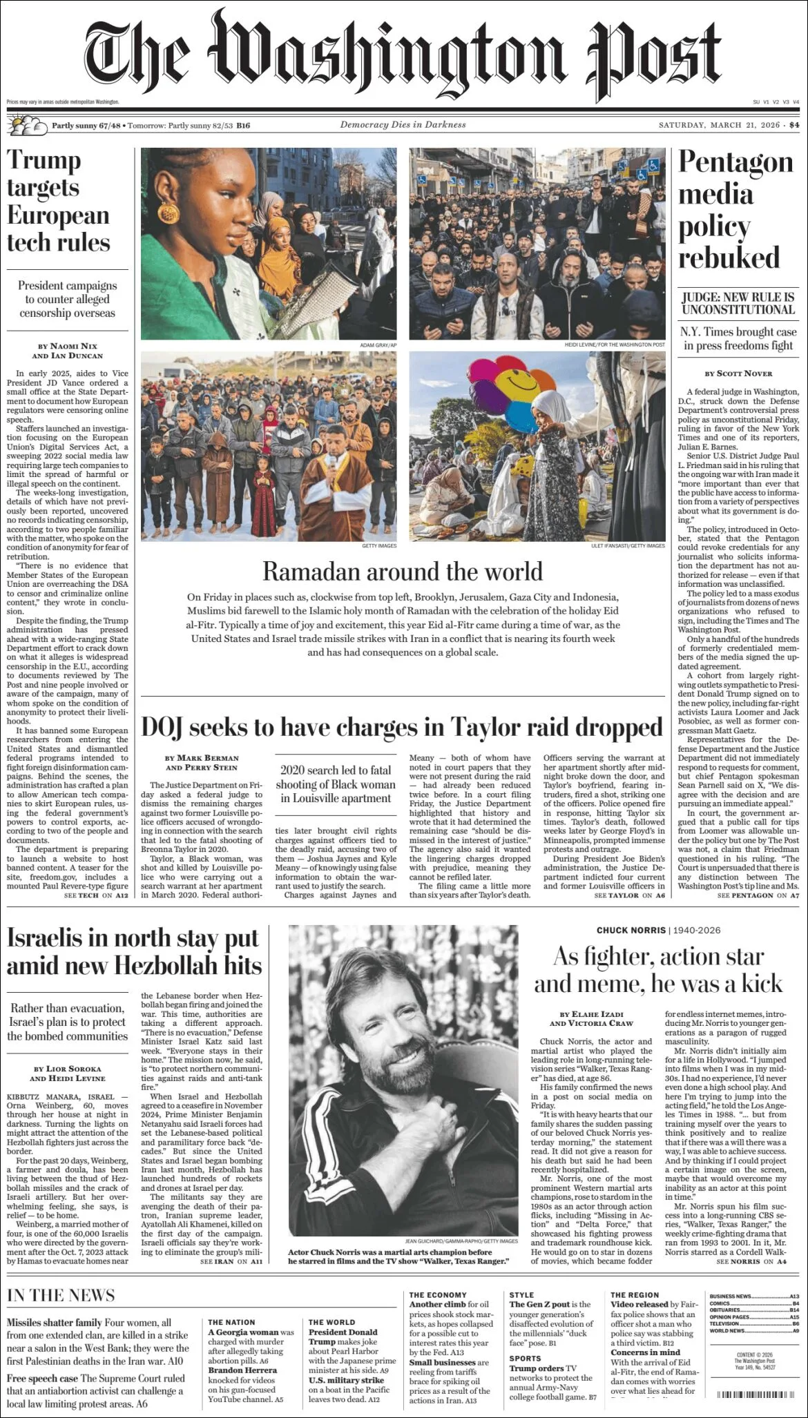 Portada de The Washington Post del sábado, 21 de marzo de 2026