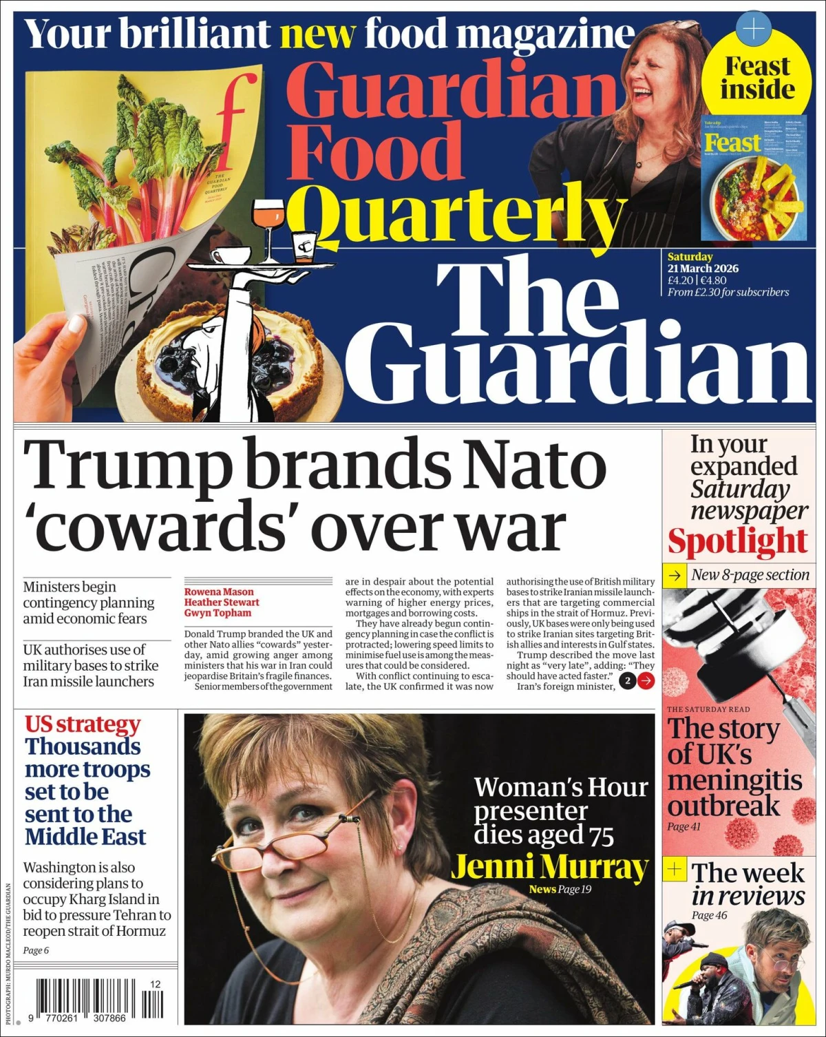 Portada de The Guardian (reino Unido) del sábado, 21 de marzo de 2026