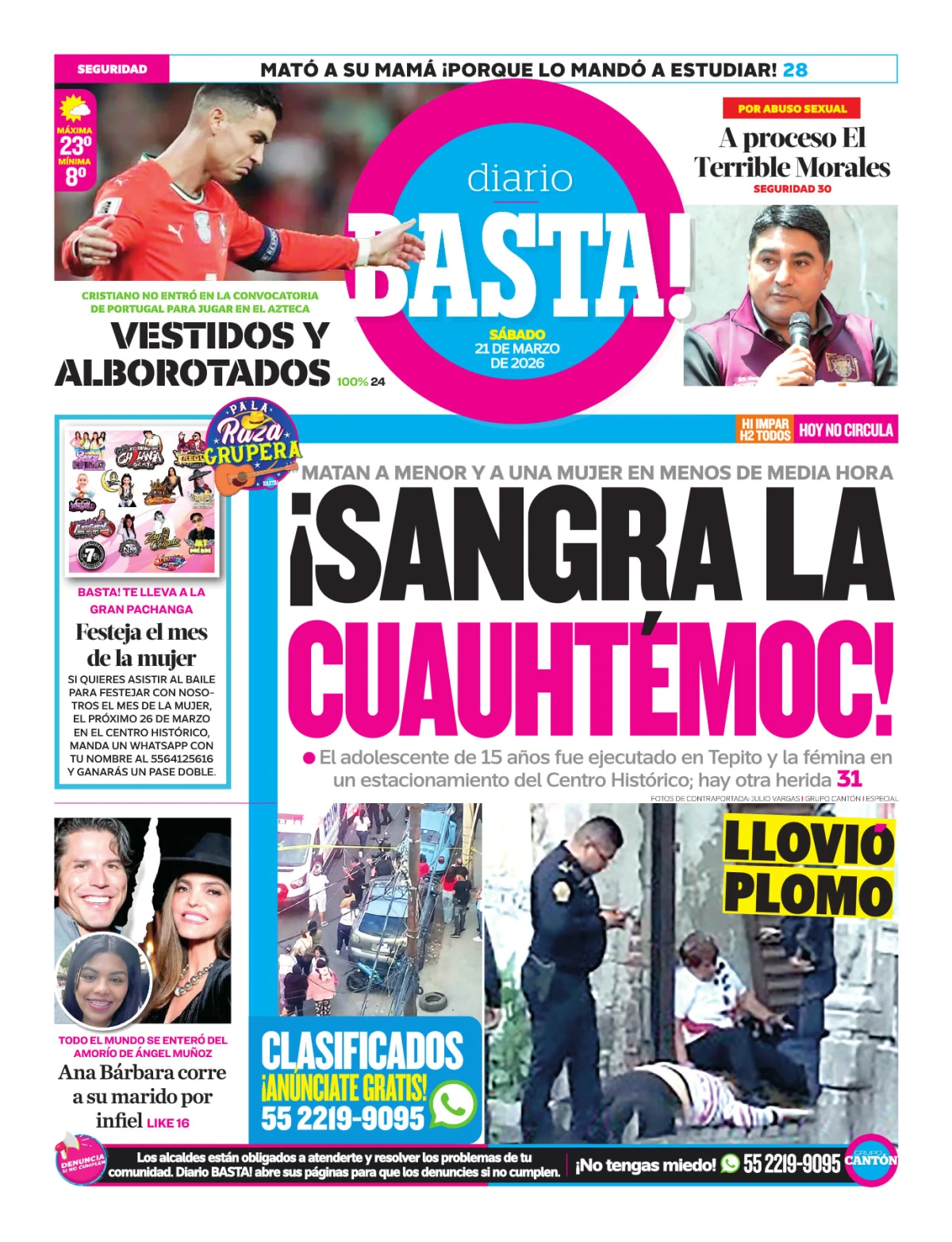 Portada de Basta! (contraportada) del sábado, 21 de marzo de 2026