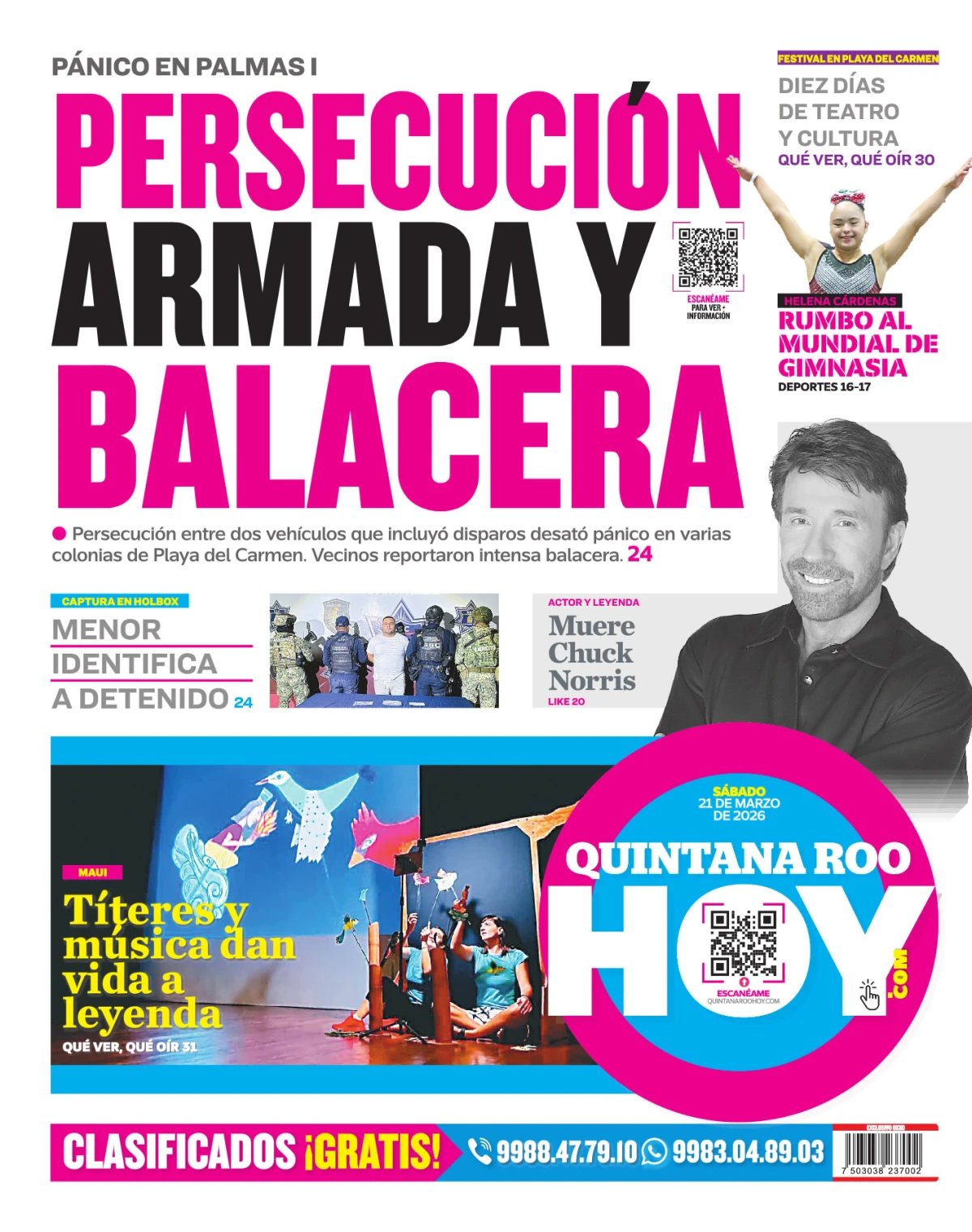 Portada de Quintana Roo Hoy (contraportada) del sábado, 21 de marzo de 2026