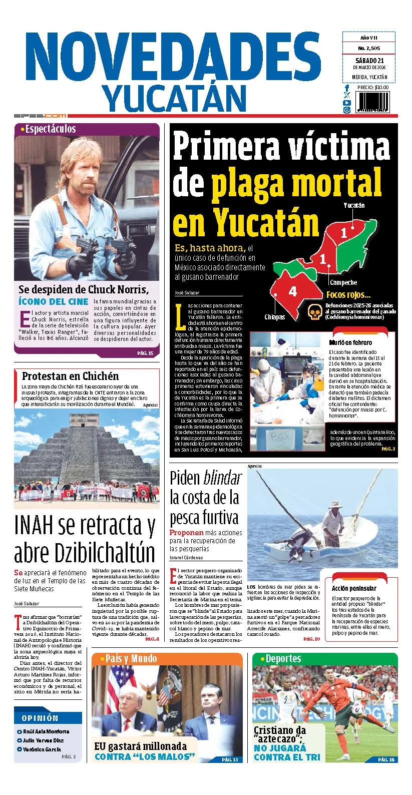 Portada de Novedades Yucatan del sábado, 21 de marzo de 2026