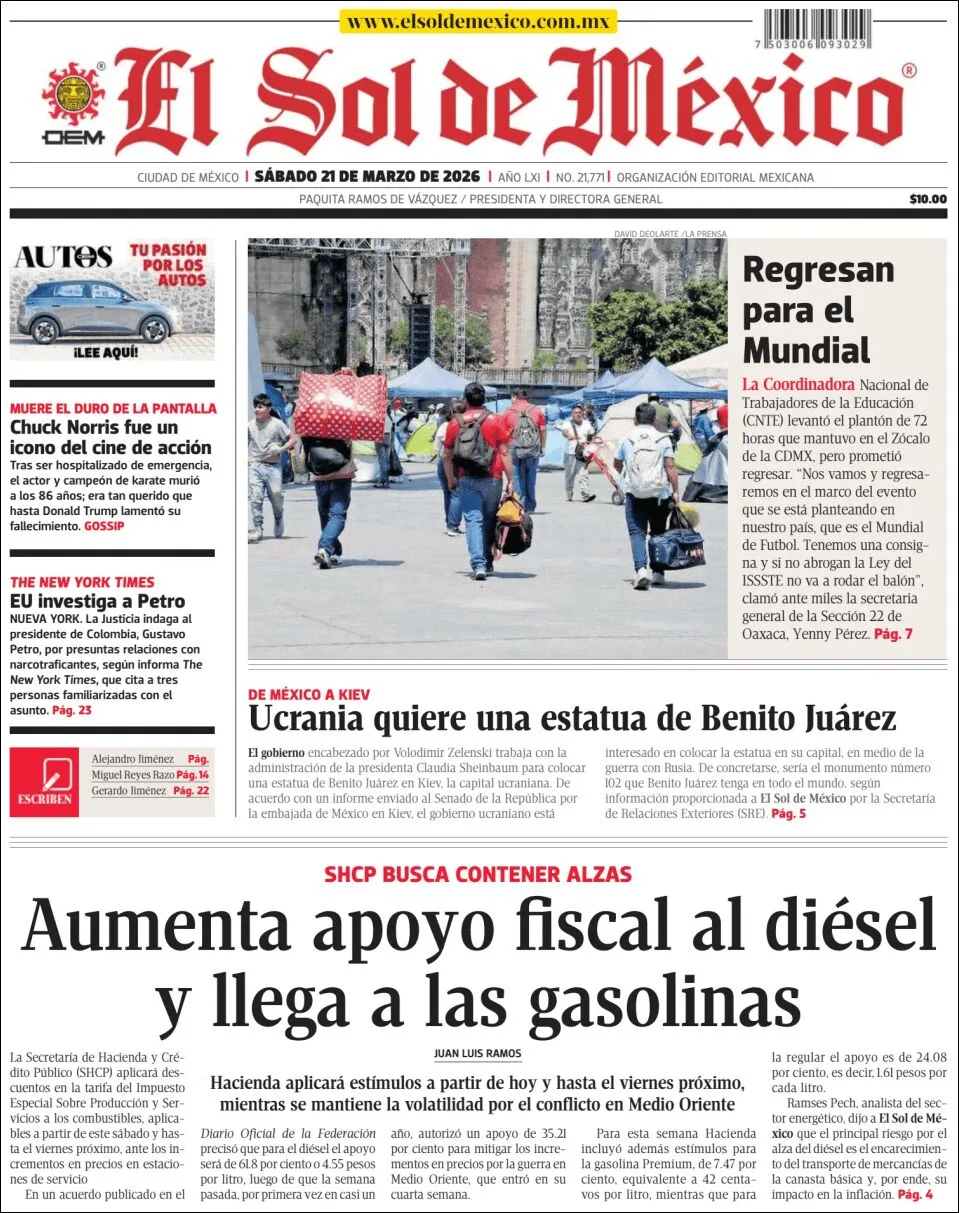 Portada de El Sol de Mexico del sábado, 21 de marzo de 2026