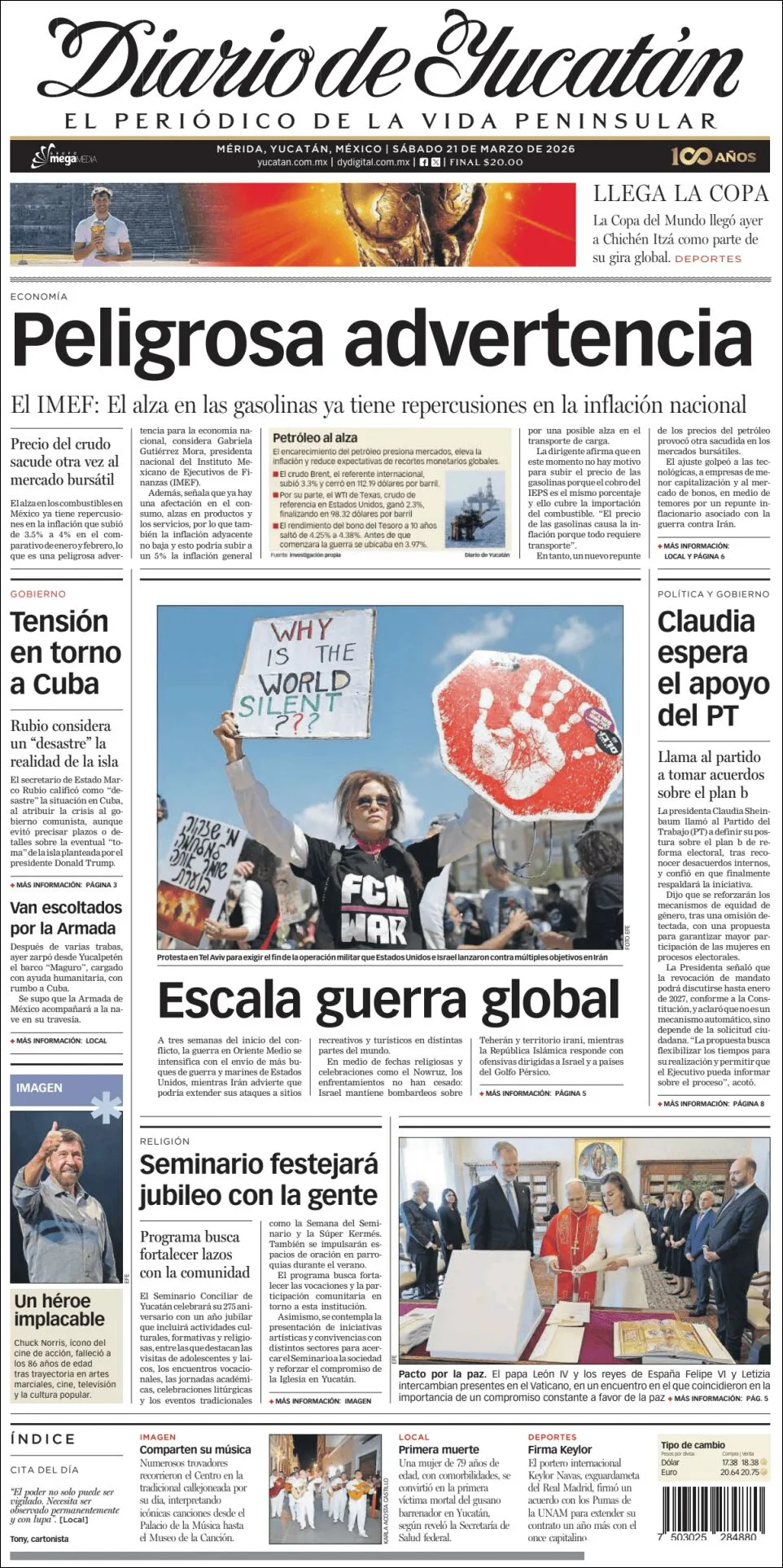 Portada de Diario de Yucatán del sábado, 21 de marzo de 2026