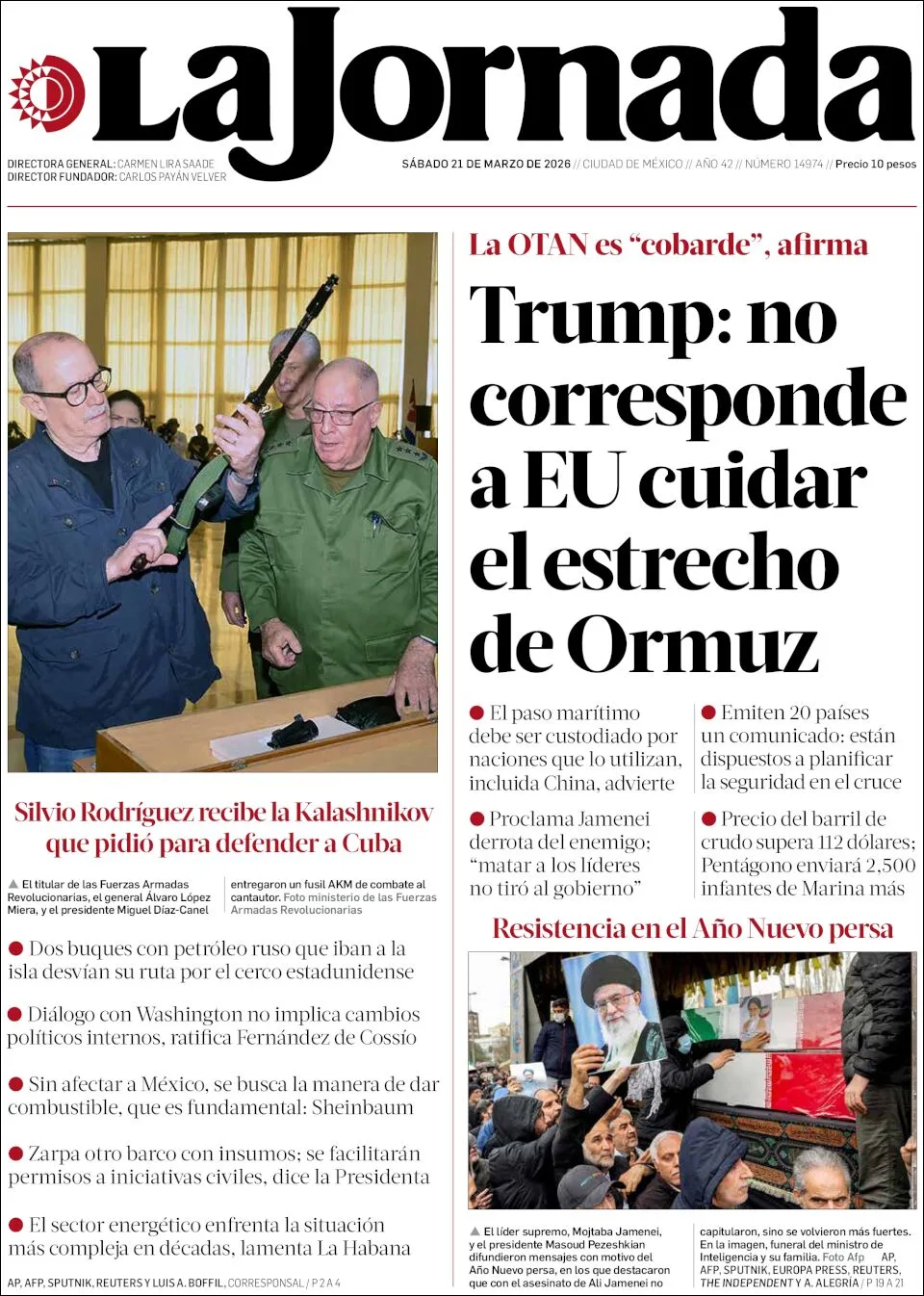 Portada de La Jornada del sábado, 21 de marzo de 2026