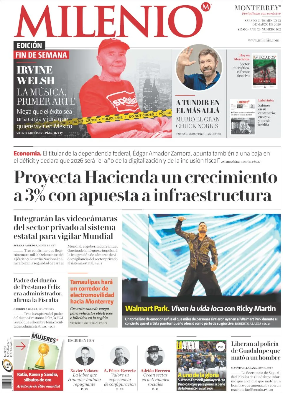 Portada de Milenio del sábado, 21 de marzo de 2026