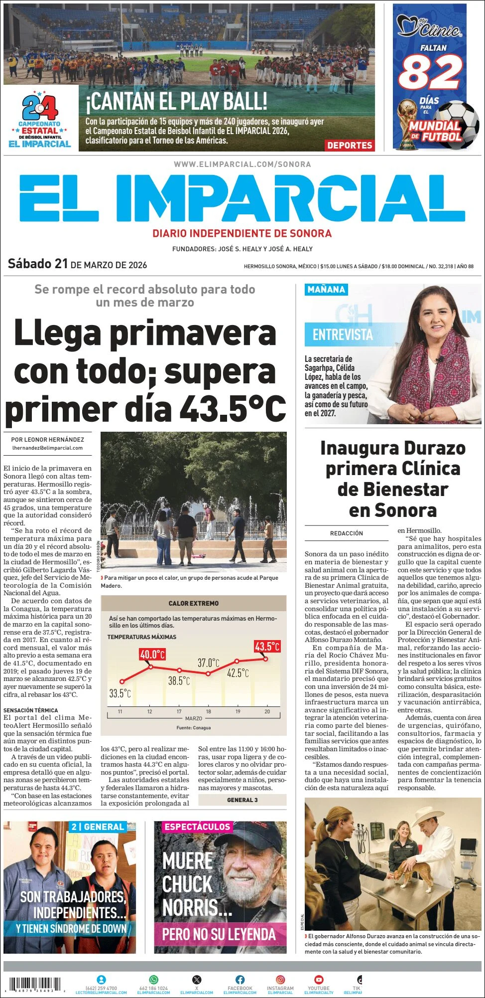Portada de El Imparcial del sábado, 21 de marzo de 2026