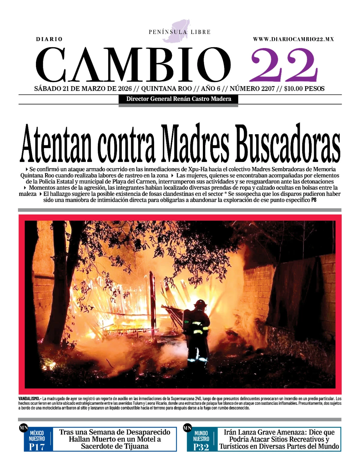 Portada de Diario Cambio 22 (contraportada) del sábado, 21 de marzo de 2026