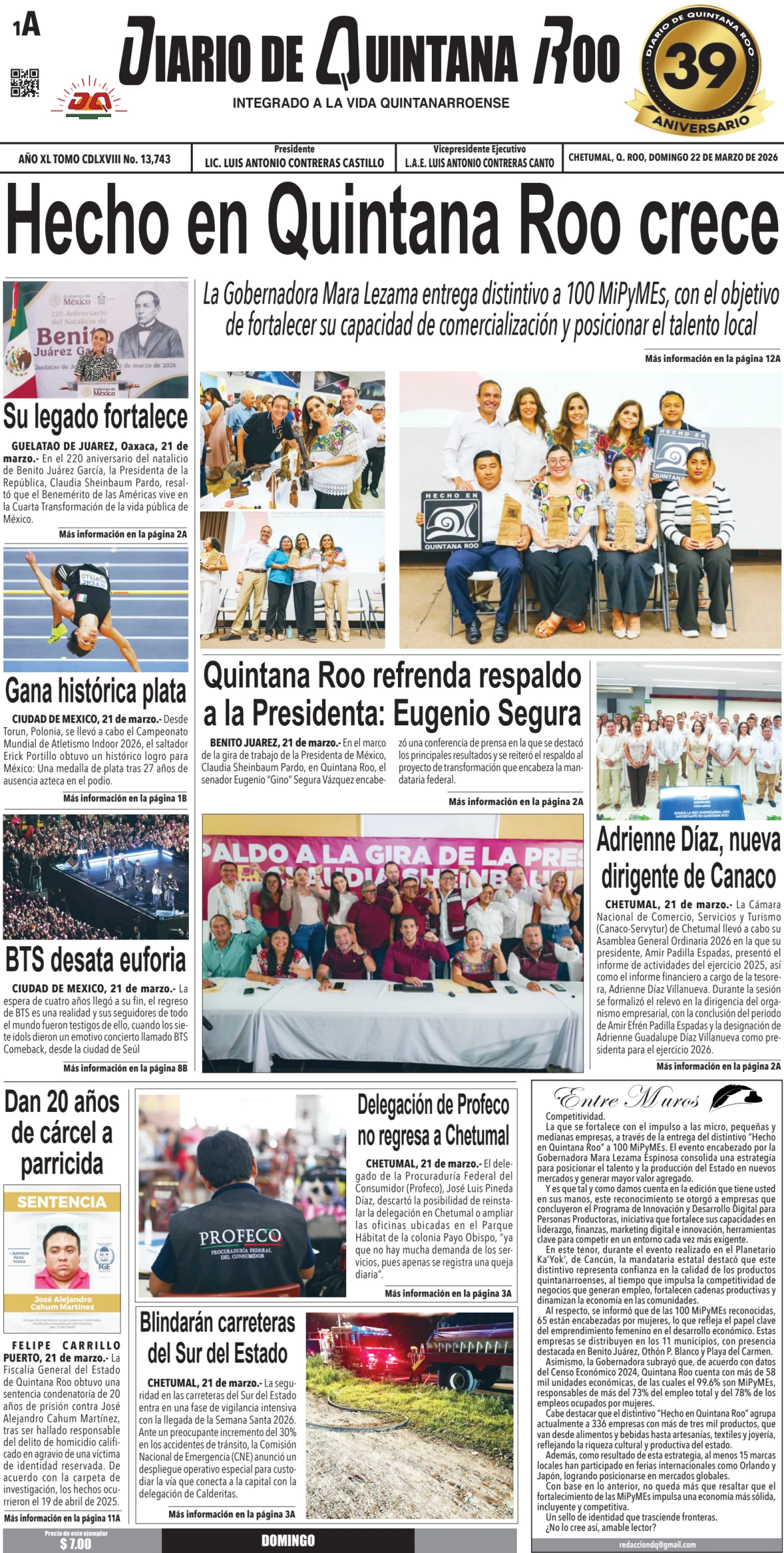 Portada de Diario de Quintana Roo (portada) del domingo, 22 de marzo de 2026