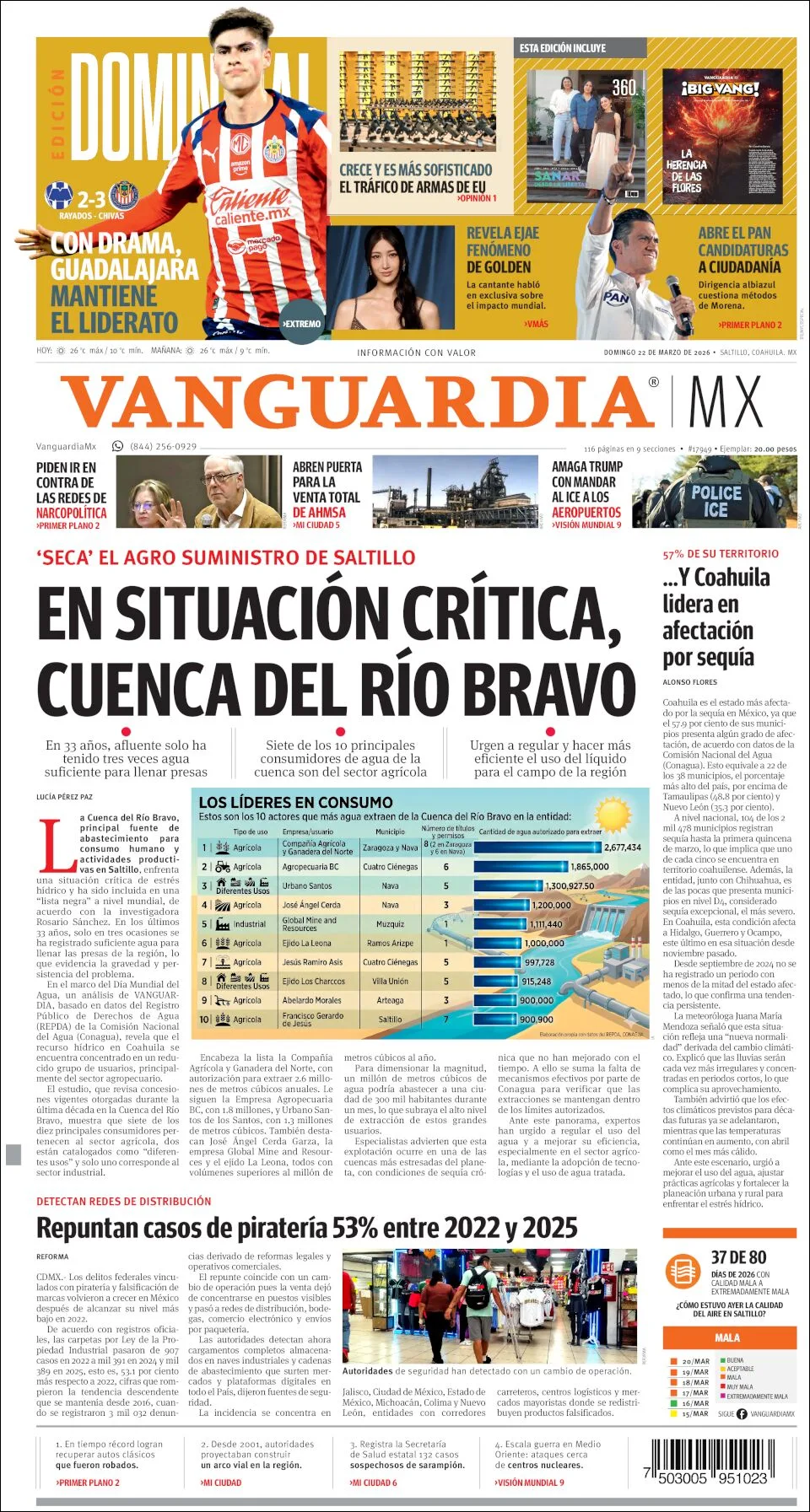 Portada de Vanguardia del domingo, 22 de marzo de 2026