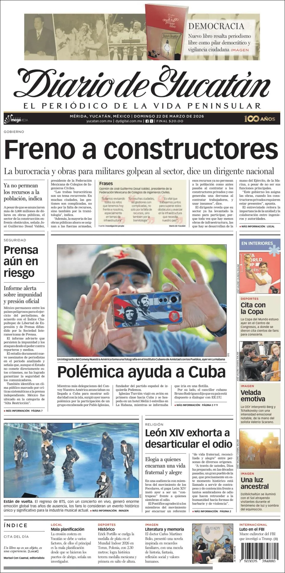 Portada de Diario de Yucatán del domingo, 22 de marzo de 2026