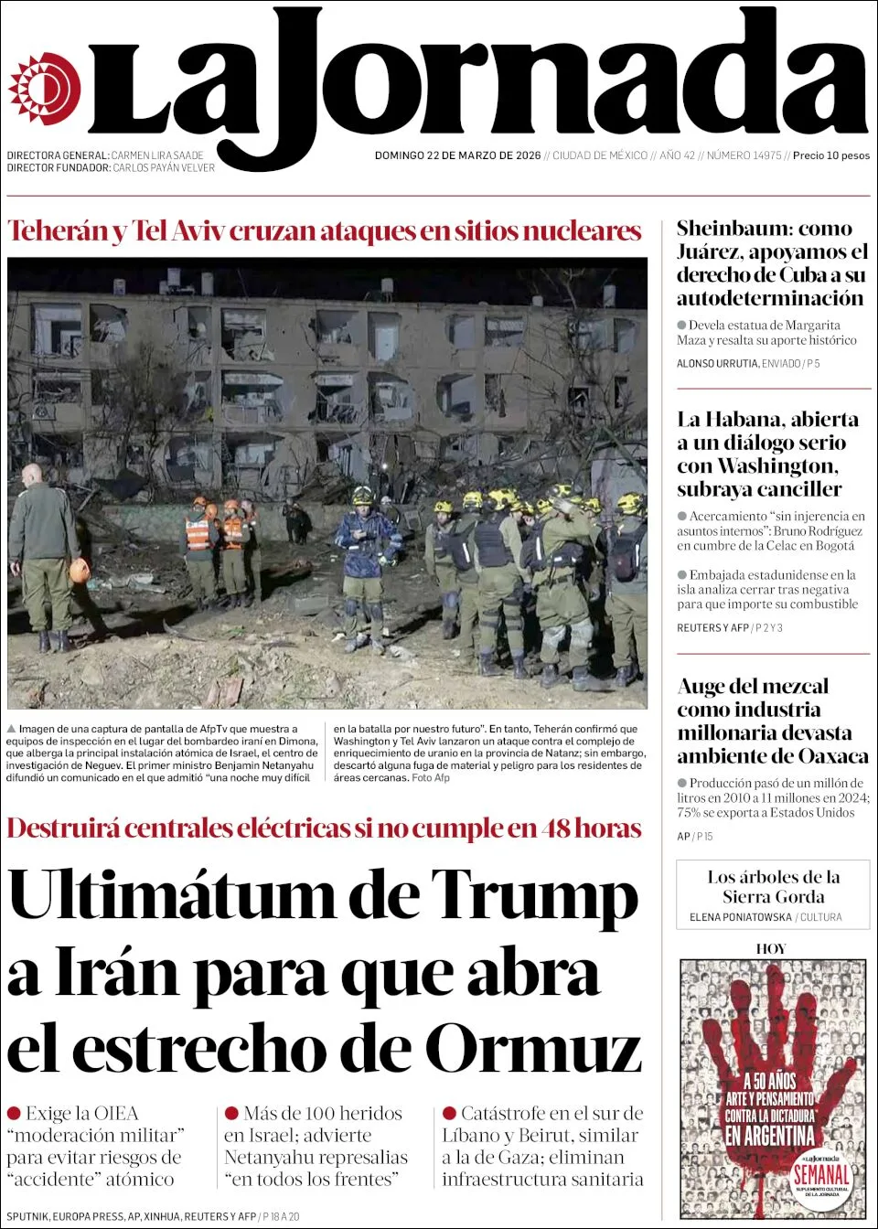 Portada de La Jornada del domingo, 22 de marzo de 2026