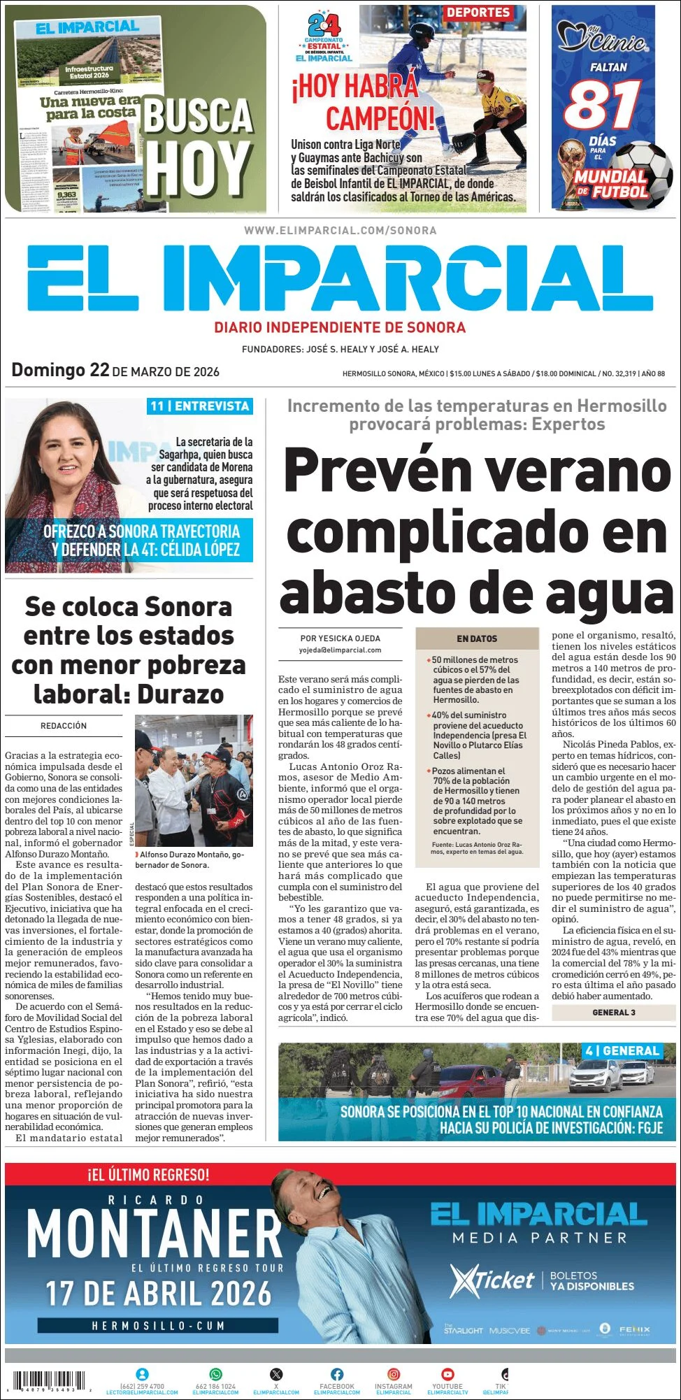 Portada de El Imparcial del domingo, 22 de marzo de 2026