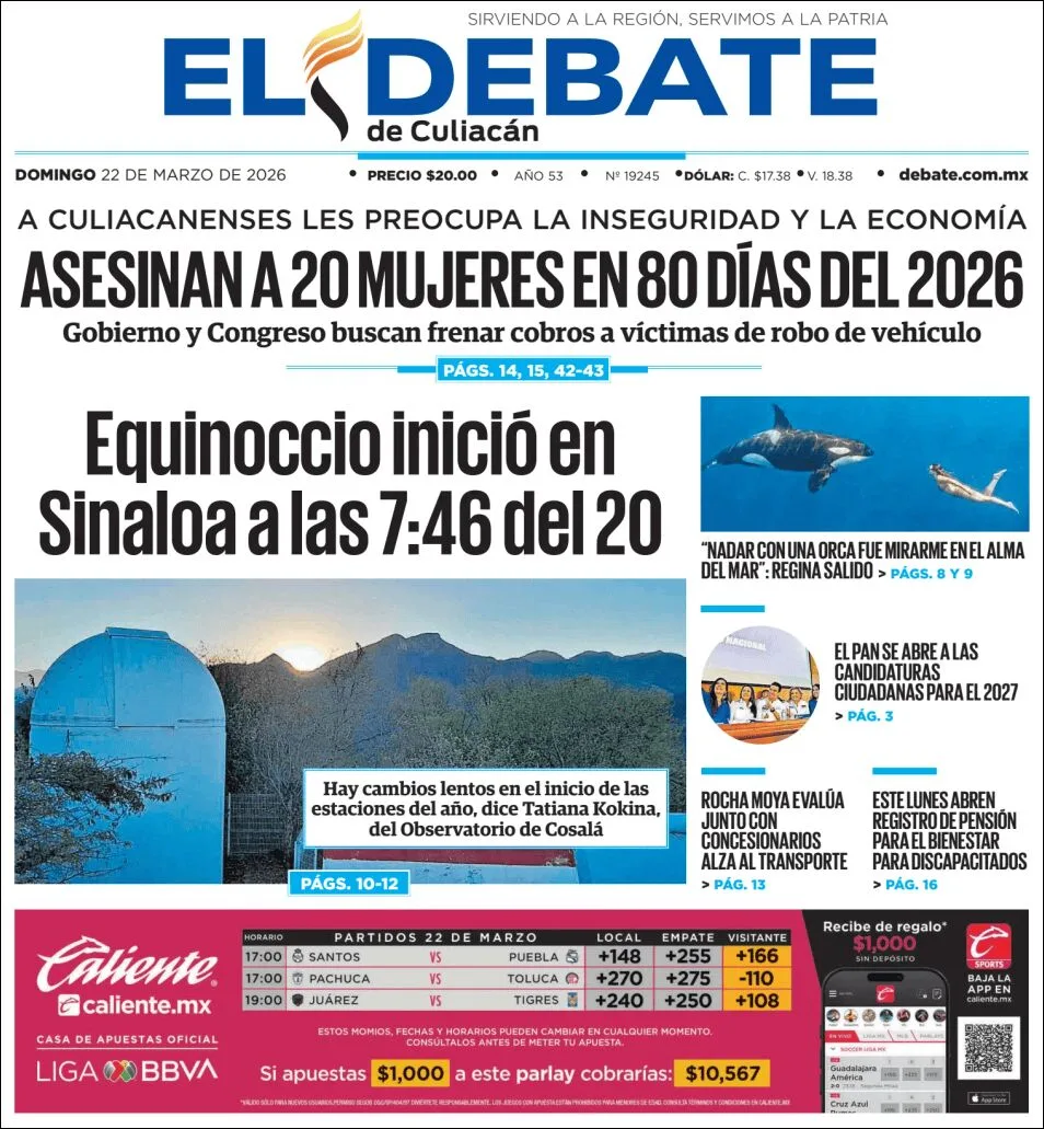 Portada de El Debate de Culiacan del domingo, 22 de marzo de 2026